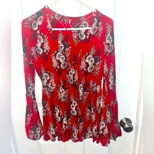 Free People Red Floral V Neck Long Sleeve size small